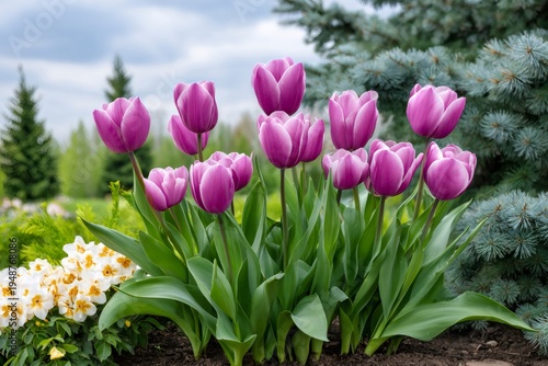 Purple tulips blooming intensely in spring garden