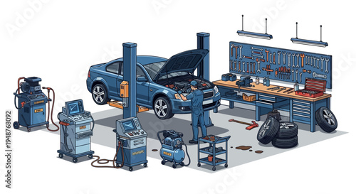 Isometric illustration of an auto repair shop with a mechanic working on a car on a lift, surrounded by diagnostic equipment and tools for vehicle maintenance
