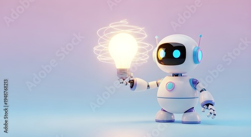 A friendly small 3D robot assistant holding a glowing lightbulb symbolizing AI ideas and innovation. Smooth white rounded design, pastel gradient background, playful lighting and soft shadows. Center 