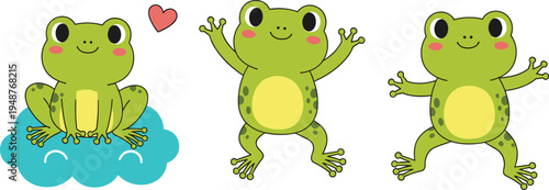 Cute cartoon frog character set, happy green frog mascot jumping and sitting, adorable amphibian animal illustration collection