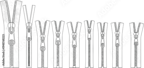 Clothing zipper collection set isolated, fashion garment fastener with zipper teeth and pull tab sewing accessory illustration