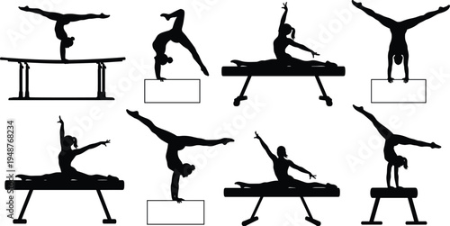 Gymnast silhouette set, artistic female gymnast poses, balance beam and floor routine, acrobatic sport illustration, fitness movement collection