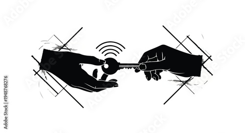 Silhouetted hands engage in a conceptual exchange of a key featuring a wireless signal icon, representing secure digital access, property transfer, or secure online transactions within technological.