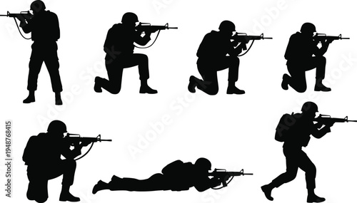 Silhouettes of soldiers in tactical shooting positions with rifles, standing, kneeling, squatting, prone, walking, running, military combat training vector illustration artwork