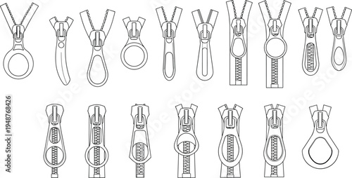 Zipper slider collection set isolated, clothing zipper pull tabs for fashion garment sewing accessory vector illustration