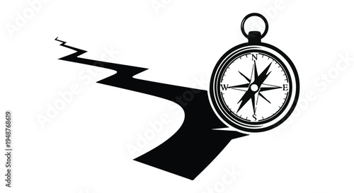 Navigational compass marking a winding path, symbolizing direction, exploration, and the journey ahead on a white background
