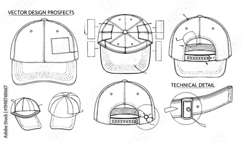 Technical baseball cap schematic blueprint with adjustable strap detail vector illustration isolated on white background