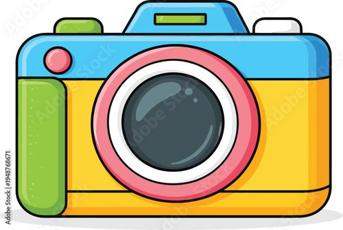 A vibrant and colorful illustration of a digital camera