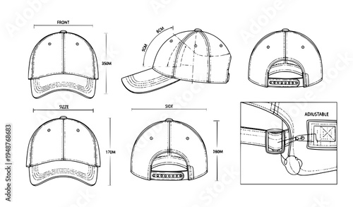 Baseball cap blueprint technical diagram with multiple views vector illustration isolated on white background