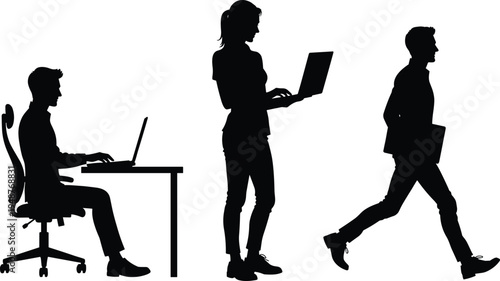 Silhouettes of people using laptops in different work scenarios, office desk typing, standing interaction, walking mobility, modern technology vector illustration artwork