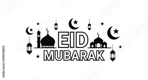 A festive eid mubarak greeting featuring a cityscape and celestial elements silhouette high quality professional detailed