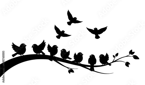 Perched and Flying Birds on Branch Silhouette Nature Scene Vector Illustration