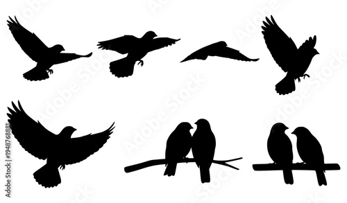 Flying and Perched Bird Silhouette Vector Icon Set