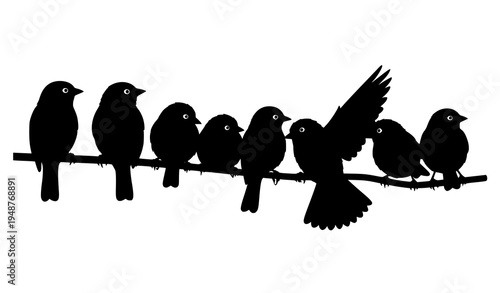 Birds on Branch Silhouette Group Nature Bird Vector Illustration
