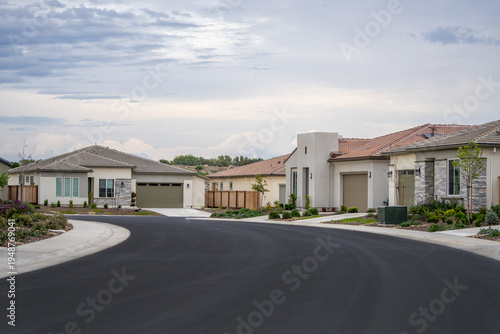 Quadro su tela New construction single-family homes along a curved residential street in a modern suburban housing development