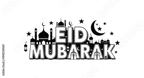 A festive eid mubarak greeting with architectural elements and stars presented as a silhouette high quality