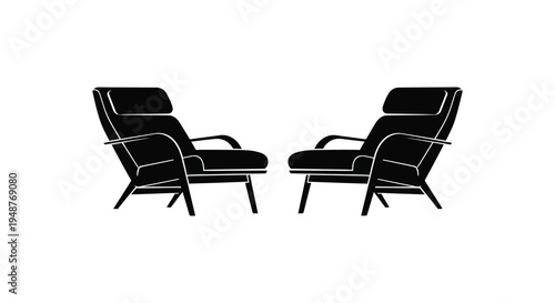 Two modern armchairs face each other depicted in a stark black graphic silhouette high quality professional