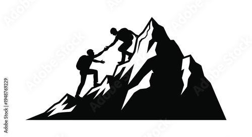 Two climbers assisting each other up a steep rocky mountain peak depicted in silhouette high quality