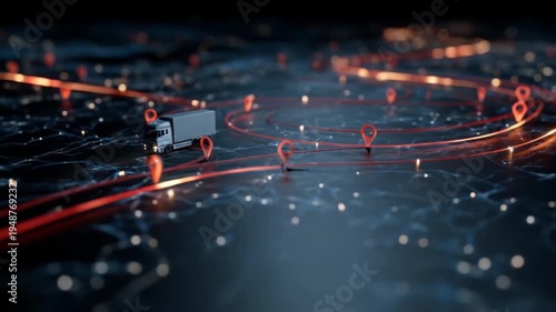 Truck navigating digital network with route markers and connection lines