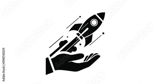 Startup Rocket Launching From Open Hand, Symbolizing Growth and Innovation in Business and Technology Ventures
