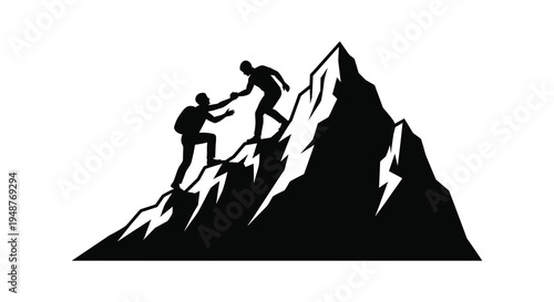 Two climbers assisting each other up a steep rocky mountain depicted in striking silhouette high quality