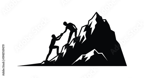 Two climbers assisting each other up a steep rocky mountain face a striking silhouette high quality