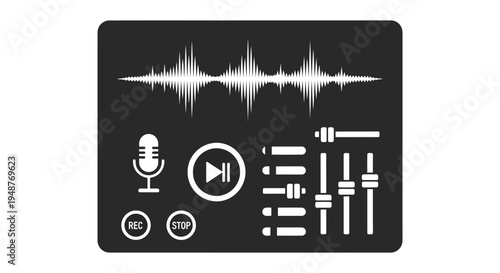 Minimalist design depicting audio recording and editing tools as a stark white silhouette high quality professional