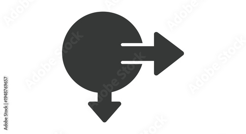 A solid black circular form with a right pointing arrow and downward triangle silhouette high quality professional