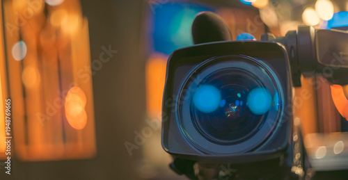 Professional Cinema Camera Lens with Blue Flare and Bokeh Background with Copy Space