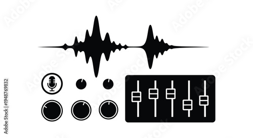 A minimalistic graphic depicting sound waves audio controls and a microphone a striking silhouette high quality