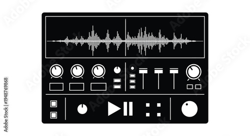 A stark black and white illustration of an audio equalizer with controls a waveform and buttons silhouette