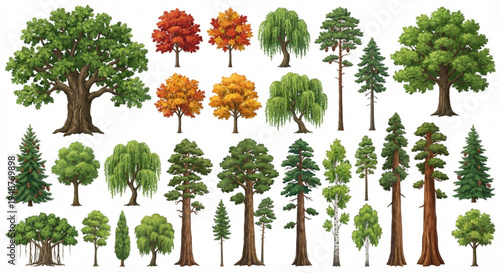 Diverse Collection of Illustrated Trees Extensive Vector Set Featuring Deciduous, Evergreen, and Unique Species for Landscape Design