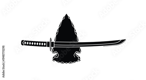 A graphic illustration of a black arrowhead with a katana sword horizontally across it, on a white background