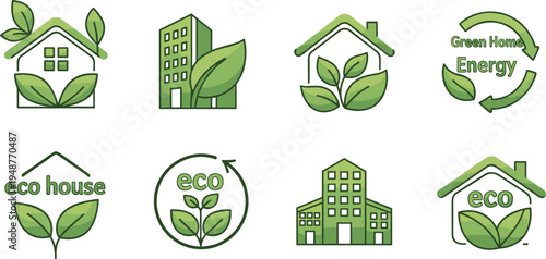 Eco-Friendly Home and Green Energy Icon Set with Leaves, Buildings, and Sustainable Design Symbols for Eco Housing, Green Energy, and Environmental Solutions