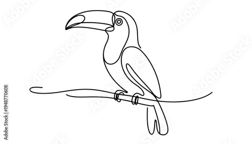 One continuous line illustration of an Toucans bird , isolated on white background.