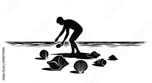 A person silhouetted against the ocean, collecting seashells on the beach during low tide