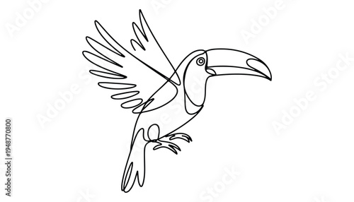 One continuous line illustration of an Toucans bird , isolated on white background.