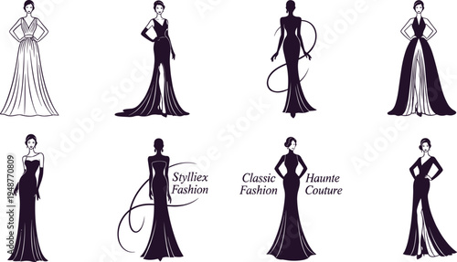 Haute Couture and Fashion Icon Set with Elegant Dresses, Silhouettes, and Stylish Models for Fashion Branding, Designer Collection, and Luxury Design