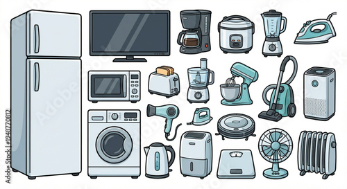 A comprehensive set of modern home appliances, including kitchen devices, cleaning tools, and comfort electronics, essential for contemporary living