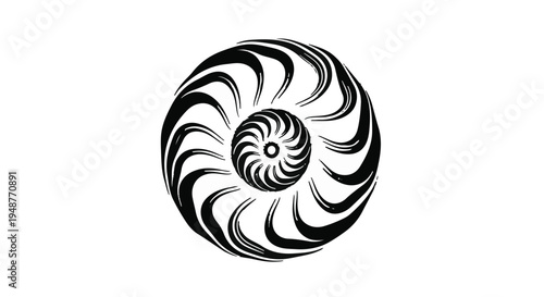 Dynamic black and white abstract swirling pattern, featuring a central vortex of curved strokes expanding outwards, reminiscent of elegant whisked motion or a stylized floral bloom