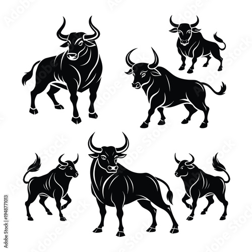 A set of bull silhouette art style