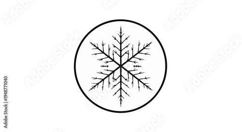 A minimalist black and white snowflake icon representing winter and cold weather conditions within a circular frame