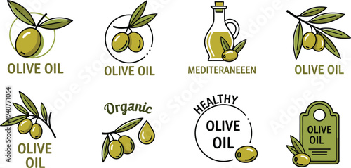 Olive Oil Icon Set with Organic, Mediterranean, Healthy, and Olive Leaf Symbols for Natural Food, Cooking, and Healthy Lifestyle Branding