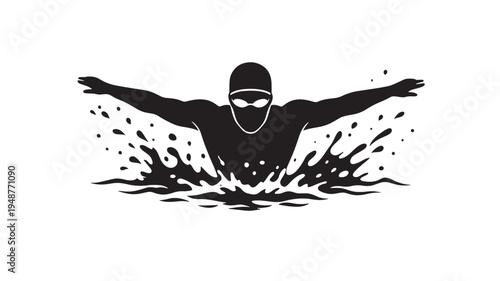 Swimmer silhouette in butterfly stroke with dynamic water splashes and bubbles in a black and white graphic style.
