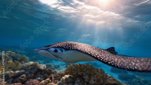 Underwater ray gracefully glides through sunlit ocean waters near coral reef