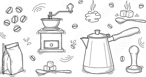 Hand drawn coffee brewing tools vector illustration with grinder moka pot tamper beans sugar and barista equipment doodle style