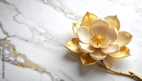 A close-up shot of a stylized, elegant floral arrangement resting on a luxurious marble surface, offering a sense of beauty and serenity