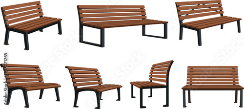 Wooden Park Bench Icon Set with Simple Outdoor Seating, Armrests, and Urban Furniture Design for Parks, Streets, and Outdoor Spaces