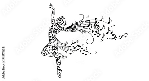 Artistic ballet dancer silhouette composed of musical notes, flowing in elegant motion, embodying grace and rhythm