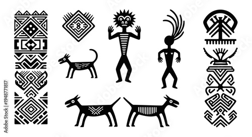 Ancient Tribal Symbols and Figures: Totem Animals, Humans, Geometric Patterns